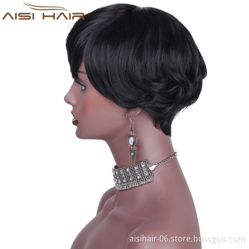Synthetic Short Wavy Pixie Cut Wig With Bangs Natural Black Color Heat Resistant Fiber Wigs For African American Women